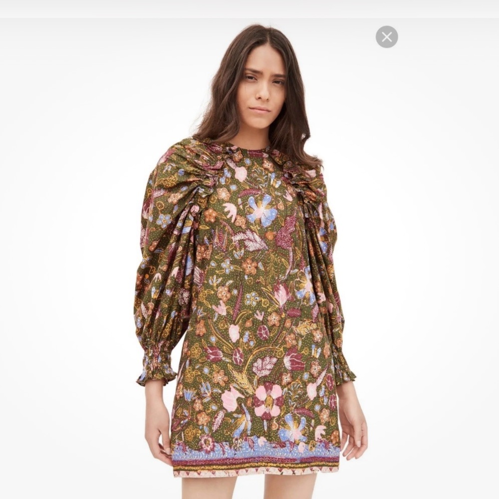 Ulla Johnson Green Devya Floral Print Ruffle Cotton Short Mini Dress - Picture 1 of 10